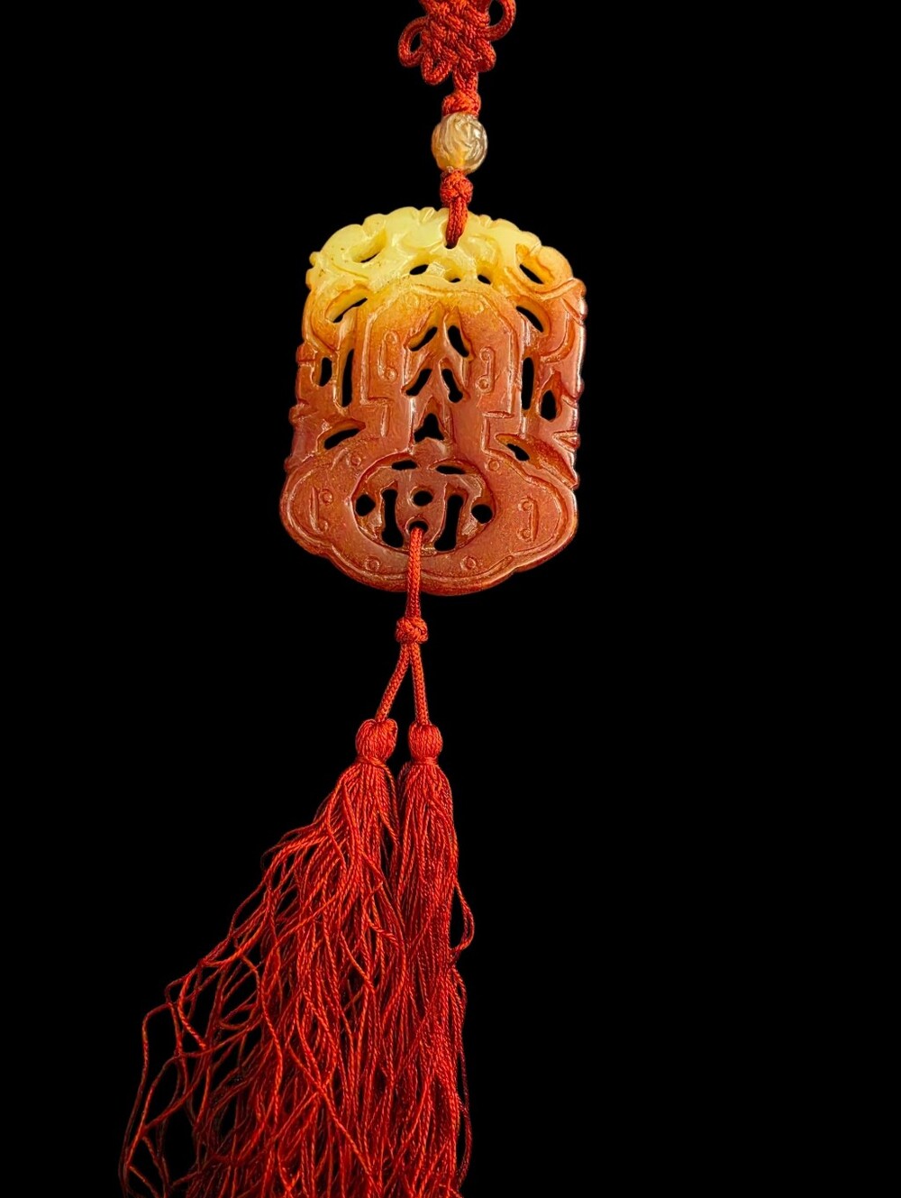 Carved Jade Double Dragon Pendant – Chinese Amulet Talisman with Tassels